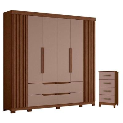 Guarda Roupa Casal Doble 6 Portas de Bater com Cômoda 4 Gavetas MDP Nogueira Capuccino