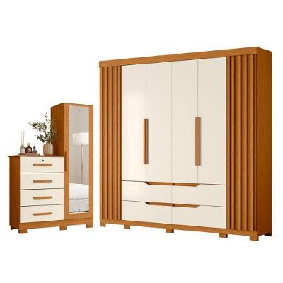 Kit Guarda Roupa Casal Doble 6 Portas com Cômoda Belize Plus 4 Gavetas MDP Cinamomo Off White