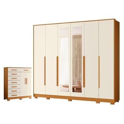 Guarda Roupa Casal Mercure 6 Portas de Bater e Cômoda Verona 8 Gavetas MDP Cinamomo Off White