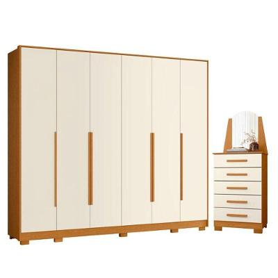 Guarda Roupa Casal Mercure 6 Portas com Cômoda New Veneza 5 Gavetas Cinamomo Off White