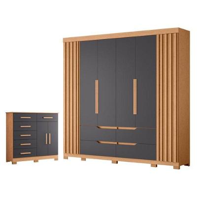 Kit Guarda Roupa Casal Doble 6 Portas e Cômoda Xangai 6 Gavetas MDP Freijo Titanium Albatroz