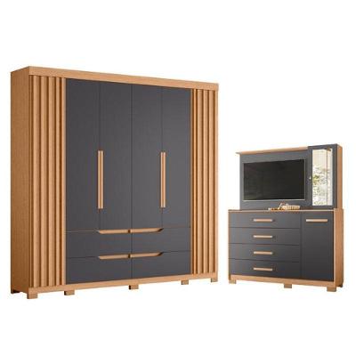 Kit Guarda Roupa Doble e Cômoda Ilhabela 8 Portas 4 Gavetas MDP Titânio