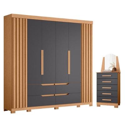 Guarda Roupa Casal Doble 6 Portas e Cômoda New Veneza 5 Gavetas MDP Freijo Titanium