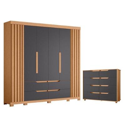 Guarda Roupa Casal Doble 6 Portas e Cômoda 8 Gavetas MDP Freijo Titanium