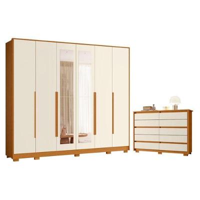 Guarda Roupa Casal Mercure 6 Portas de Bater e Cômoda Duetto 10 Gavetas MDP Cinamomo Off White