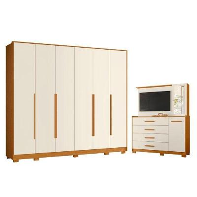 Kit Guarda Roupa Casal Mercure 6 Portas e Cômoda Ilhabela 4 Gavetas MDP Cinamomo Off White