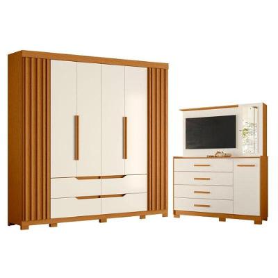 Kit Guarda Roupa Casal Doble 6 Portas e Cômoda Ilhabela 4 Gavetas Cinamomo Off White