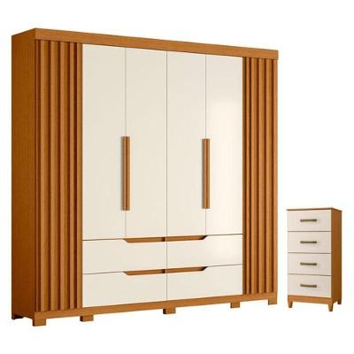 Kit Guarda Roupa Casal Doble 6 Portas e Cômoda Mobi 4 Gavetas MDP Cinamomo Off White