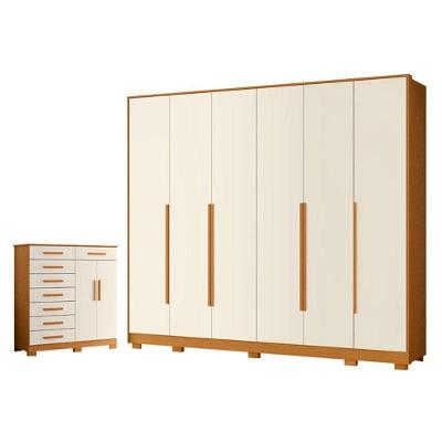 Kit Guarda Roupa Casal Mercure 6 Portas e Cômoda Verona 8 Gavetas MDP Cinamomo Off White
