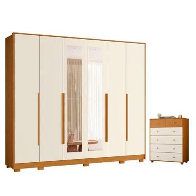 Guarda Roupa Casal Mercure 6 Portas de Bater com Espelho e Cômoda Vittoria 6 Gavetas Cinamomo Off