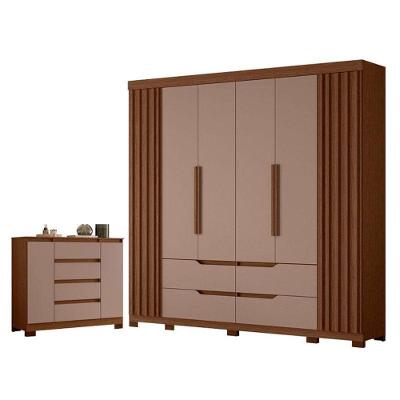 Kit Guarda Roupa Doble Casal 6 Portas Cômoda Atena 4 Gavetas MDP Nogueira Capuccino