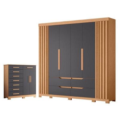 Kit Guarda Roupa Casal Doble 6 Portas de Bater Cômoda 8 Gavetas MDP Freijo Titanium
