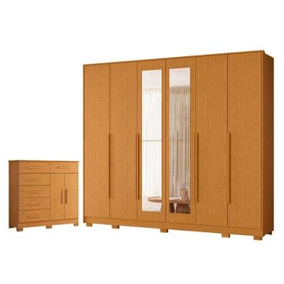 Kit Guarda Roupa Casal Mercure 6 Portas com Espelho e Cômoda Xangai MDP Cinamomo