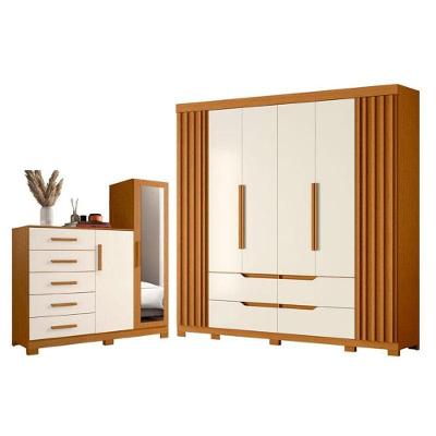 Guarda Roupa Casal Doble 6 Portas e Cômoda New Master 5 Gavetas Cinamomo Off White