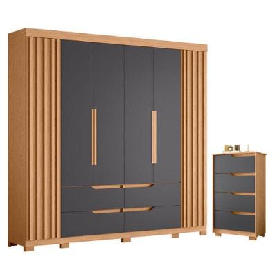 Guarda Roupa Casal Doble 6 Portas de Bater Cômoda Sole 4 Gavetas MDP Titânio