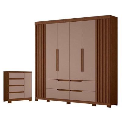 Kit Guarda Roupa Doble Casal 6 Portas Cômoda Olimpia 4 Gavetas MDP Nogueira Capuccino