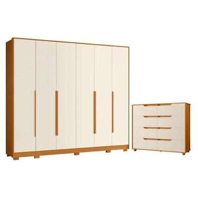 Guarda Roupa Casal Mercure 6 Portas e Cômoda Doble 8 Gavetas MDP Cinamomo Off White Flex