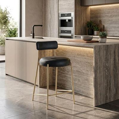 Banqueta Alta Londres PU Preto Base Aço Champanhe com Encosto D'Rossi