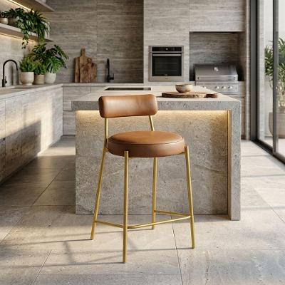 Banqueta Alta Londres PU Encosto Fixo Base Dourada Industrial Whisky D'Rossi