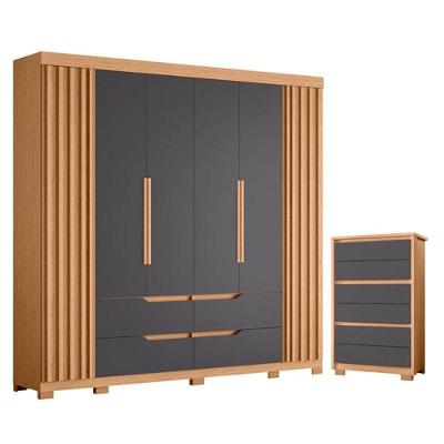 Guarda Roupa Casal Doble 6 Portas de Bater e Cômoda Unno 6 Gavetas Freijo Titanium
