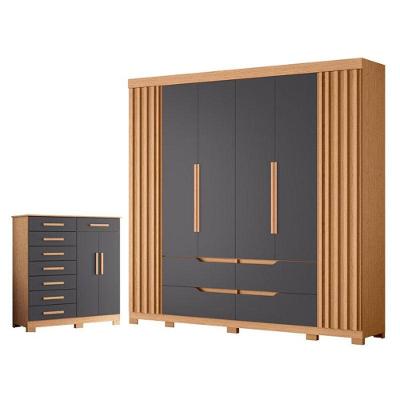 Guarda Roupa Casal Doble 6 Portas de Bater Cômoda 8 Gavetas MDP Freijo Titanium