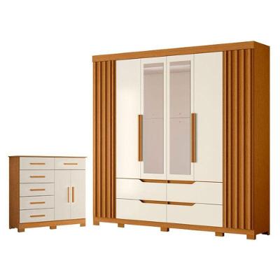 Guarda Roupa Casal Doble com Espelho 6 Portas e Cômoda Xangai 6 Gavetas MDP Cinamomo Off White