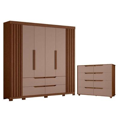 Guarda Roupa Casal Doble 6 Portas de Bater e Cômoda 8 Gavetas Nogueira Capuccino
