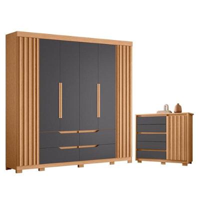 Guarda Roupa Casal Doble e Cômoda Sapateira Duetto 6 Portas 5 Gavetas MDP Freijo Titanium