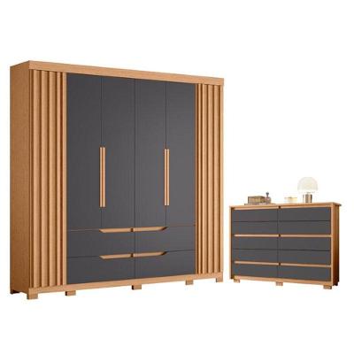 Conjunto de Quarto Doble 6 Portas Cômoda Duetto 10 Gavetas MDP Titânio