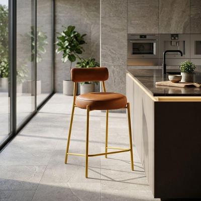 Banqueta Alta Londres PU Nozes Base Fixa Encosto Fixo 95cm Dourado D'Rossi