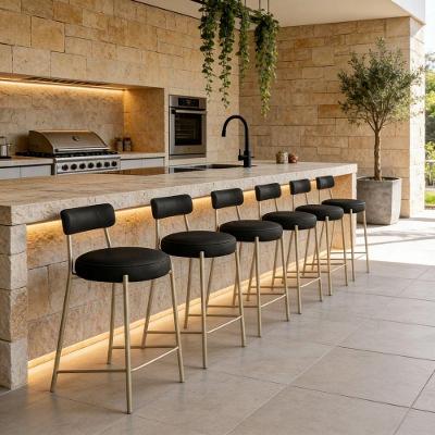 Kit 6 Banquetas Altas Londres PU Base Aço com Encosto Preto Champanhe D'Rossi