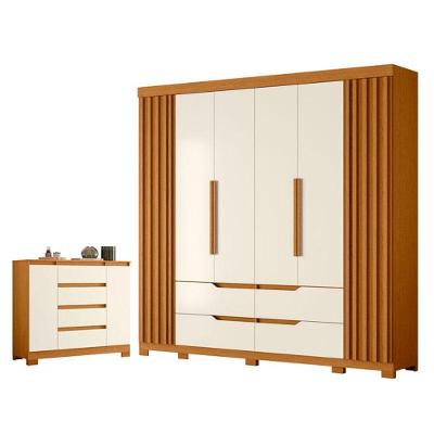 Kit Guarda Roupa Casal Doble 6 Portas e Cômoda Sapateira Atena 4 Gavetas Cinamomo Off White