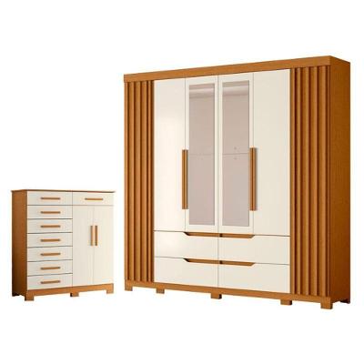 Kit Guarda Roupa Casal Doble 6 Portas de Bater e Cômoda Verona 8 Gavetas Cinamomo Off White