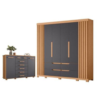 Kit Guarda Roupa Casal Doble e Cômoda Fontana 8 Portas 11 Gavetas MDP Freijo Titanium