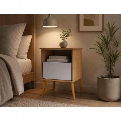 Mesa de Cabeceira Cancun 1 Gaveta MDF Retrô Pés Palito Off White Ravilar