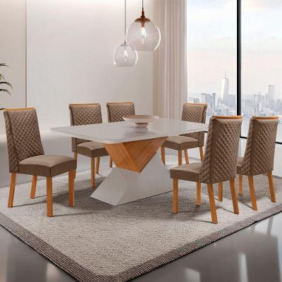 Mesa de Jantar Aster 6 Lugares MDF Vidro Serigrafado Off White 180CM Moderna