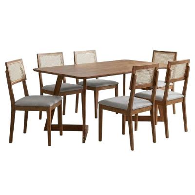 Mesa de Jantar Cajú e Palmas 6 Lugares MDF Cadeiras Linho Cinza 180CM Milani