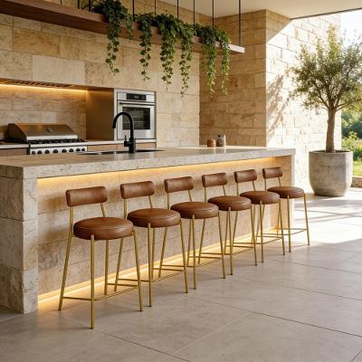 Kit 6 Banquetas Altas Londres PU Base Fixa com Encosto Dourado D'Rossi