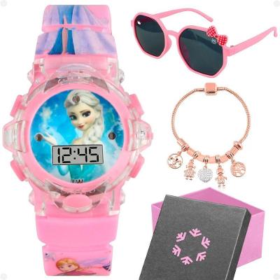 Kit Relógio Digital Infantil Menina Silicone Rosa com Óculos Sol Orizom