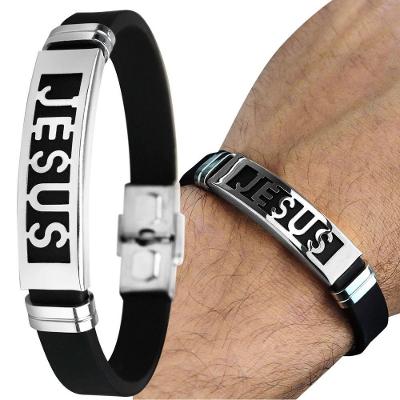 Pulseira Orizom Silicone e Aço Inoxidável Jesus 21CM Prata Masculina