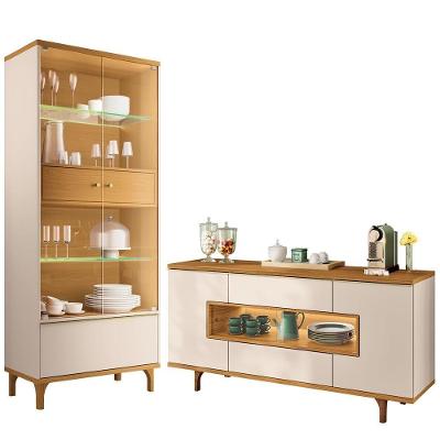 Kit Cristaleira e Buffet Lizzano Lúmen 8 Portas MDF MDP com Iluminação Off White Cinamomo Lyam Decor