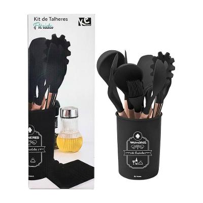 Kit de Talheres Flórida 13 Peças Silicone e Madeira Antiaderente para Cozinha Preto Ke Home