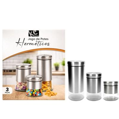 Kit 3 Potes Herméticos de Vidro com Tampa em Aço Inoxidável para Cozinha Transparente Ke Home