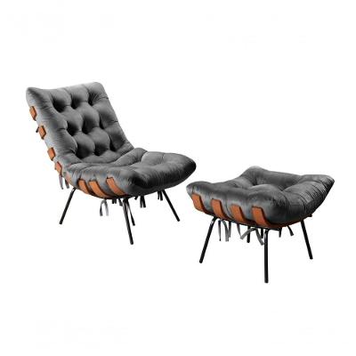 Poltrona Costela com Puff Veludo Confortável Cinza Bella Decor