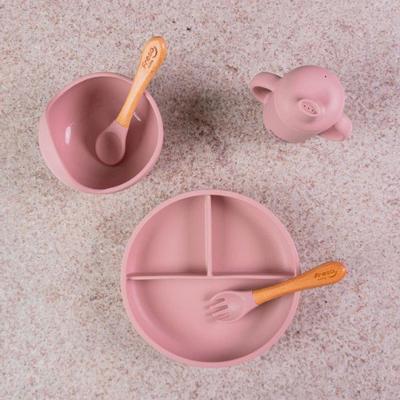 Kit Alimentação De Bebê Freso Baby Silicone Livre Bpa Introdução Alimentar Prato Com Ventosa Rosa