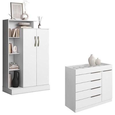Kit Cômoda Sapateira Sevilha e Armário Florença 3 Portas MDF Branco Aramóveis