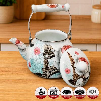 Chaleira Esmaltada Vintage 2,5L Ferro Aquecimento Rápido Todos Fogões Branco