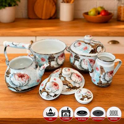 Kit 4 Peças Caçarola Bule Chaleira Esmaltada Ferro Fundido Branco Artinian