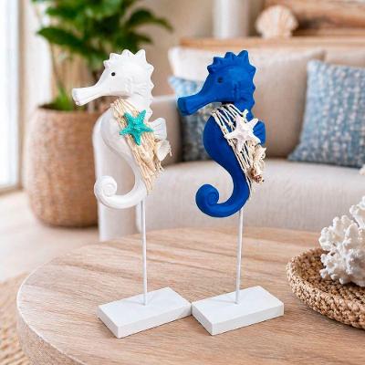 Kit 2 Enfeites Cavalo Marinho de Madeira 30cm Náutico Branco e Azul