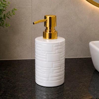 Porta Sabonete Líquido Cerâmica 300ML Branco e Dourado Banheiro